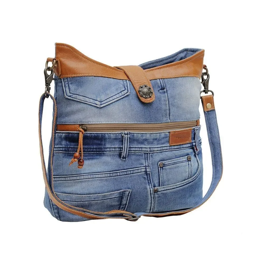 Myra Bag Handmade Janesa Shoulder Bag Upcycled Canvas & Cowhide Leather